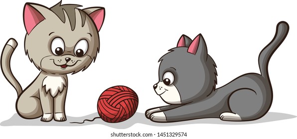 Two cut kittens play with woll. Hand drawn vector illustration. 