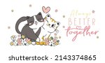 two cute adorable kitty cats in love snuggle in springtime, pet animal cartoon character vector drawing, Better together