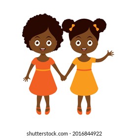 Two cute african american little girls holding hands icon vector. Two adorable sisters girls cartoon character. Happy ethnic girls in orange dress icon isolated on a white background