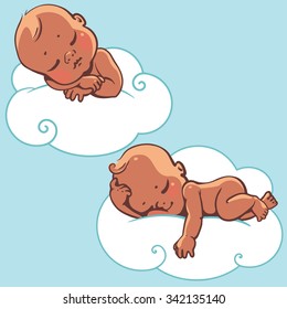 Two Cute African American Little Babies Sleeping On White Cloud. Newborn Baby Icon. Colorful Vector Illustration. Smiling Cartoon Kids Lying On Soft Pillow . Child Resting At Night.  Baby Showe Card.