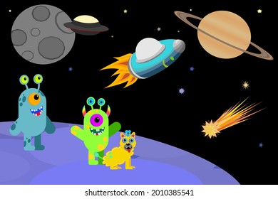 Two cute aliens and alien dog in an outer space landscape with UFO’s and planets cartoon design. Alien landscape vector illustration