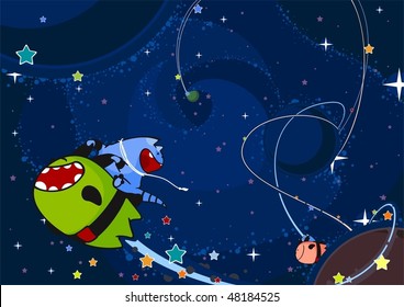 Two cute aliens race through the open space