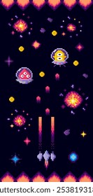 Two cute aliens in space, surrounded by stars, nebulae, and projectiles in vibrant pixel art style. Ideal for retro gaming, space adventures, pixel art lovers, vibrant designs, and childrens themes