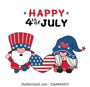 Two cute America Gnome 4th of July Independence day cartoon flat vector doodle illustration 