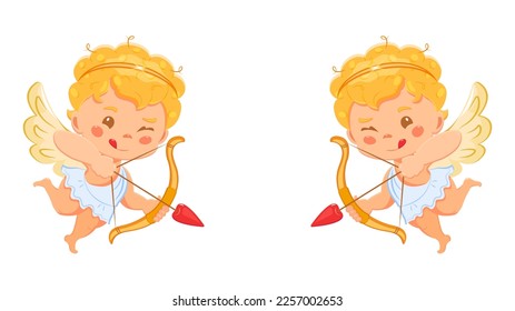 Two cute angels with bow and arrow for Valentine Day. The symbol of lovers. Vector illustration of flying cupids for postcard.