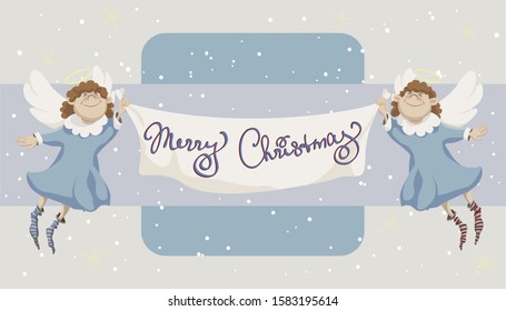 two cute angels hold christmas banner vector isolated illustration