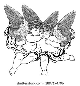 Two cute angels hugging, outline drawing of black color isolated on white background, stock vector illustration, for design and decoration, template, coloring book, sticker