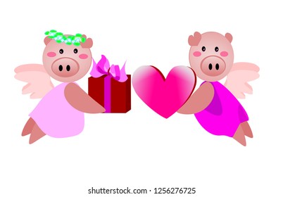 Two cute animal holding a heart-shaped and gift concept of the deity of love for Valentine's Day. Year of the Pig and New Year 2019 and Chinese New Year. Vector flat illustration for decoration.