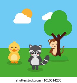 two cute animals duck raccoon and monkey tree sky image