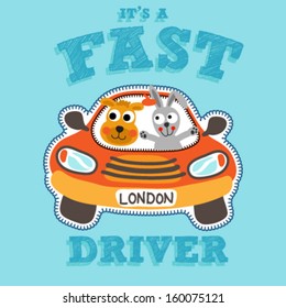 Two cute animals in a fast car. Vector illustration