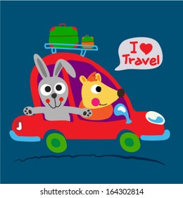 Two cute animals are on the way with red car. Vector illustration