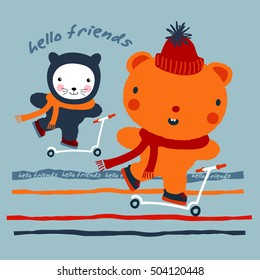 Two cute animals are  riding scooters Vector animal illustration