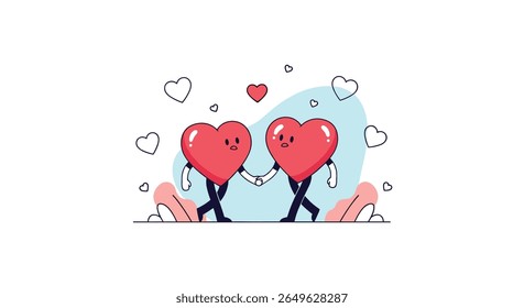 Two cute animated hearts holding hands walking together joyfully with small hearts floating around them