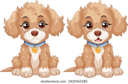 Two cute animated puppies with collars and tags