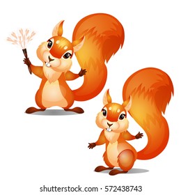 Two Cute Animated Squirrels Isolated On White Background. Cartoon Vector Illustration Close-up.