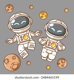 Two Cute astronaut happy flying in space kawaii chibi character mascot illustration outline style set