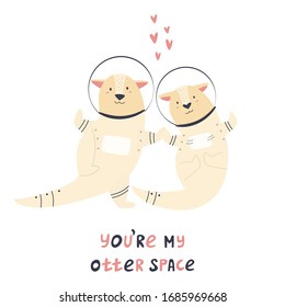 Two cute astronaut otters floating together. Vector illustration. Animal character design. Romantic card