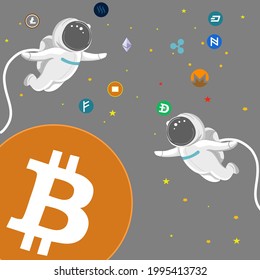 Two cute astronauts are floating in space over crypto coin surrounded by coin in the space