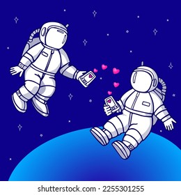 Two cute astronauts in love are exchanging messages. Vector color illustration for Valentine's Day.