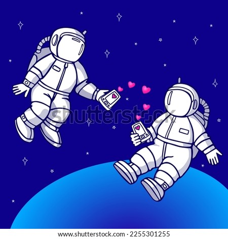 Two cute astronauts in love are exchanging messages. Vector color illustration for Valentine's Day.