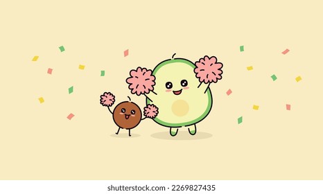 Two cute avocado characters are cheering happily with their pompoms. One is avocado seed and one is seedless avocado. The pollen is flying.