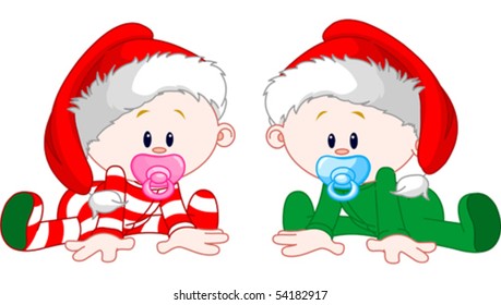 Two cute babies with Christmas costumes