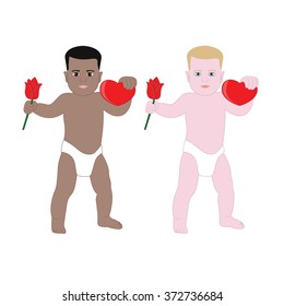 Two cute babies with heart and rose in diapers. Valentine's Day.