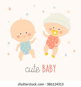 Two cute babies lying with baby pacifier. Toddler boy and girl laying and smiling. Cartoon vector hand drawn eps 10 illustration isolated on white background.