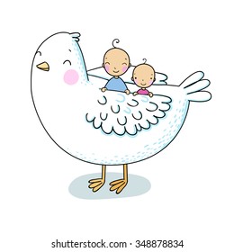 Two cute baby and a bird. Hand drawing isolated objects on white background. Vector illustration. 