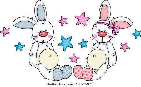 Two cute baby boy and girl bunnies with stars
