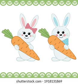 Two cute baby bunny characters girl and boy holding carrots, vector isolated illustration for the Holy Easter holiday, decor, decoration, print