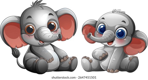 Two cute baby elephants sitting and smiling happily