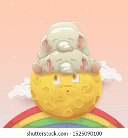 Two cute baby elephants sleeping together on the moon