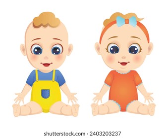 Two cute baby girl and baby boy sitting, blonde hair, Caucasian toddlers