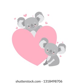 Two Cute Baby Koala Bears with Big Pink Heart, Funny Grey Animal Character Vector Illustration