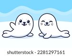 Two cute baby seals drawing, cartoon vector illustration. 