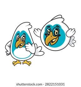 Two cute Bali myna bird cartoon mascots featuring distinctive blue eye patches, white feathers, and yellow beaks. Ideal graphic element for Indonesian wildlife, conservation, and children branding.