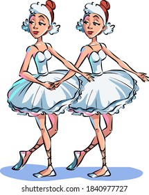 Two cute ballerina girls in white dress dancing vector Illustration on a white background