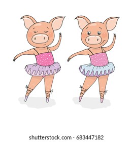 Two Cute ballerina-pigs has on tutu and pointes. Funny vector illustration in cartoon style on white background