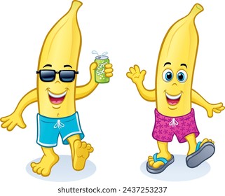 Two cute banana kid characters smiling and wearing swim trunks. One is holding a can of soda and wearing sunglasses and the other has flip flops on.