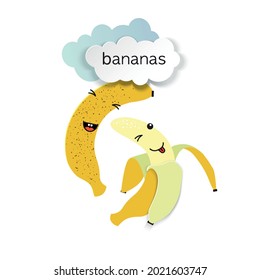 Two cute bananas and clouds in paper cut technique. Template for poster, postcard, packaging.