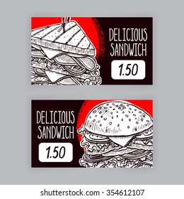 Two cute banners with appetizing sandwiches. price tags. hand-drawn illustration