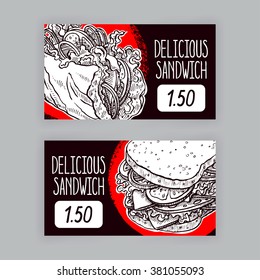 Two cute banners with appetizing sandwiches. price tags. hand-drawn illustration