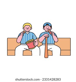 Two cute baseball player boys are sitting on a bench and eating snacks. outline simple vector illustration.