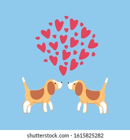 Two cute beagles with hearts on blue backgrpund.Valentines day greeting card. Vector illustration EPS 10.