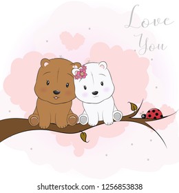 two cute bear cartoon sitting on the branch