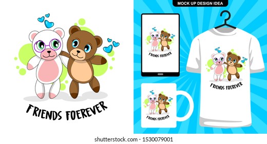 two cute bear friendship. cute animal cartoon illustration and merchandising design