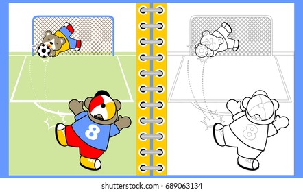 Two cute bear playing soccer, coloring book or page, vector cartoon illustration