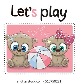 Two Cute Bears with a ball on a pink background