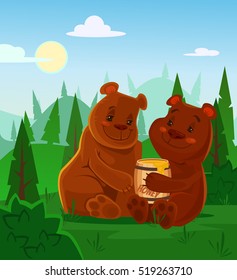 Two cute bears characters eating honey. Vector flat cartoon illustration